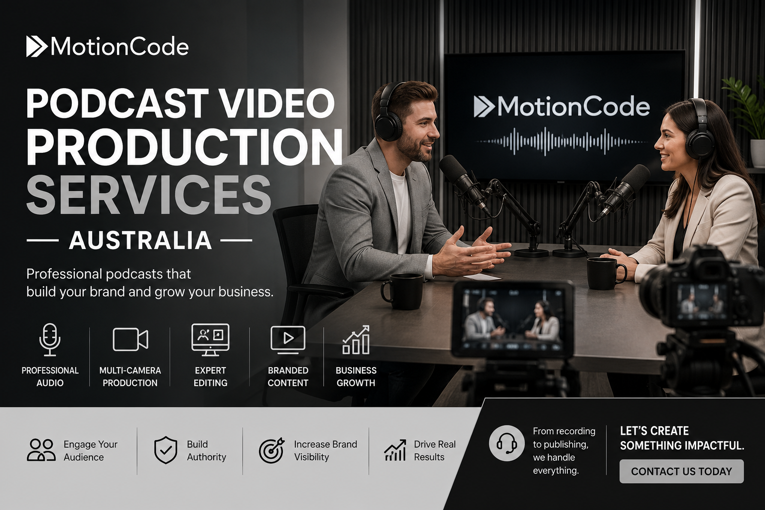 Professional Podcast Video Production Services Australia by MotionCode. We create high quality business podcasts with expert filming, editing, branding, and publishing support.